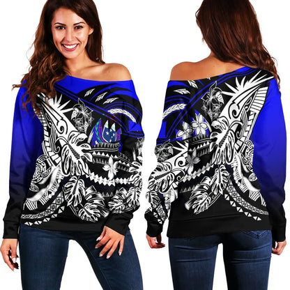 Samoa Women Off Shoulder Sweater - Tribal Jungle Pattern Blue Color