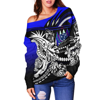 Samoa Women Off Shoulder Sweater - Tribal Jungle Pattern Blue Color