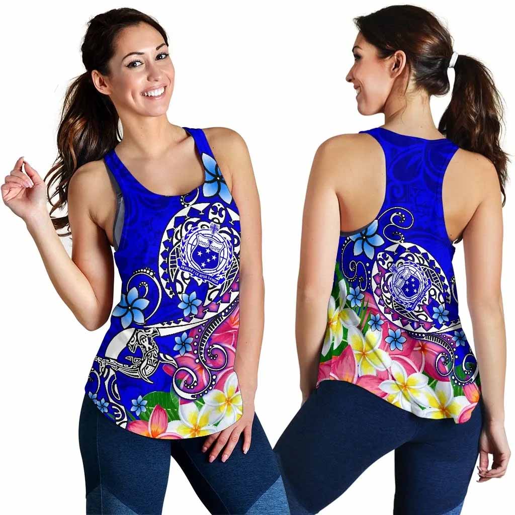 Samoa Women Racerback Tank - Turtle Plumeria (Blue)