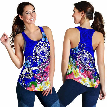 Samoa Women Racerback Tank - Turtle Plumeria (Blue)