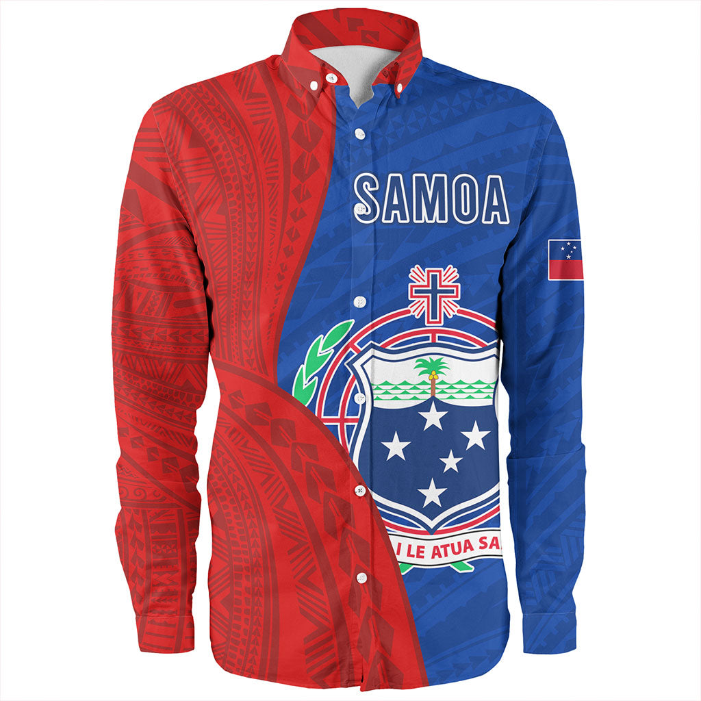 Samoa Long Sleeve Shirt Custom Polynesian Pattern With Coat Of Arms