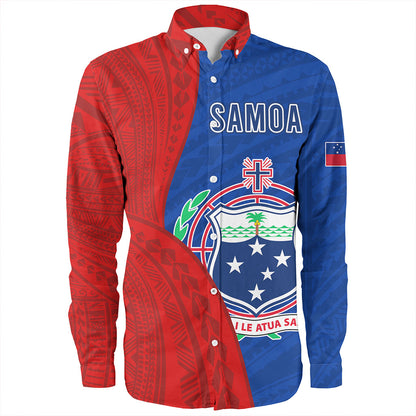 Samoa Long Sleeve Shirt Custom Polynesian Pattern With Coat Of Arms