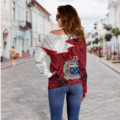 Samoa Off Shoulder Sweatshirt Polynesian Tattoo Flag And Coat Of Arms