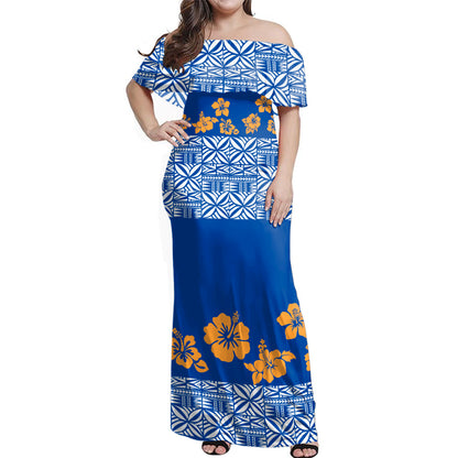 Samoa Combo Off Shoulder Long Dress And Shirt Tapa Flower Fabric Print