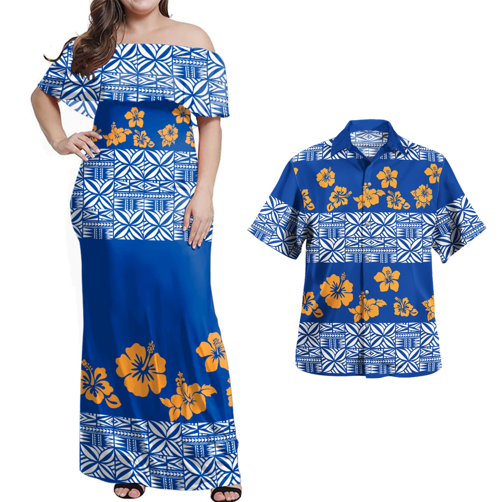 Samoa Combo Off Shoulder Long Dress And Shirt Tapa Flower Fabric Print