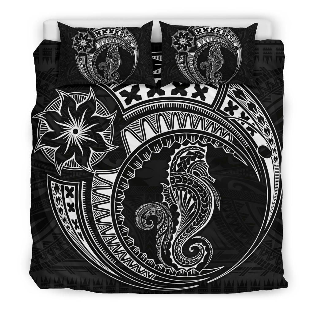Seahorse Polynesian Duvet Cover Set - Polynesian Tattoo Black