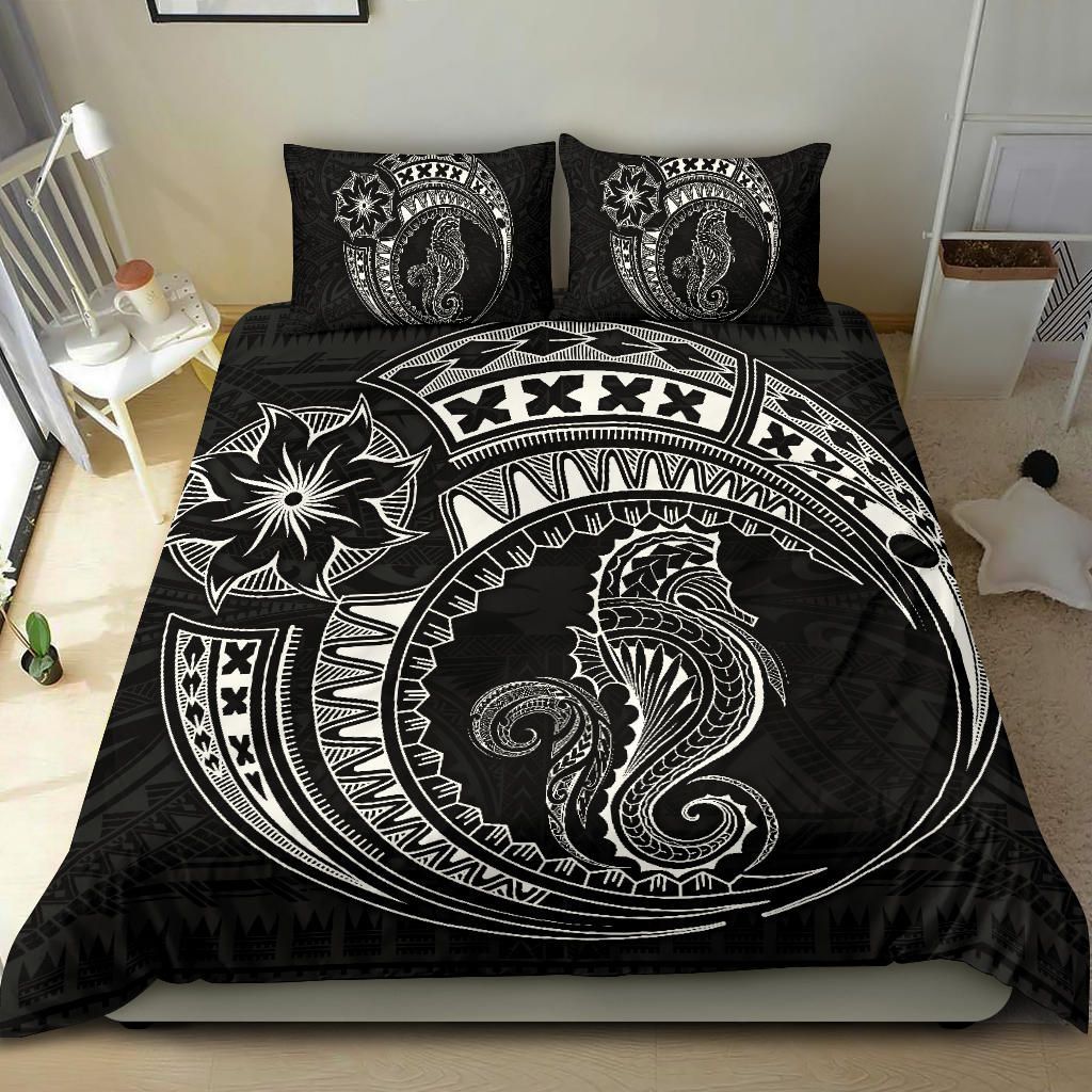 Seahorse Polynesian Duvet Cover Set - Polynesian Tattoo Black