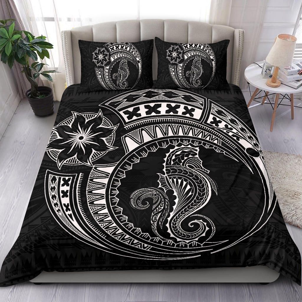 Seahorse Polynesian Duvet Cover Set - Polynesian Tattoo Black