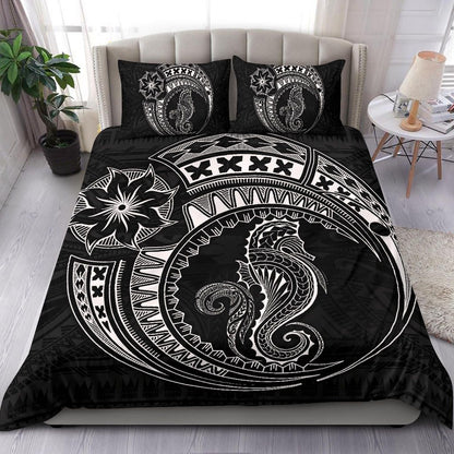 Seahorse Polynesian Duvet Cover Set - Polynesian Tattoo Black