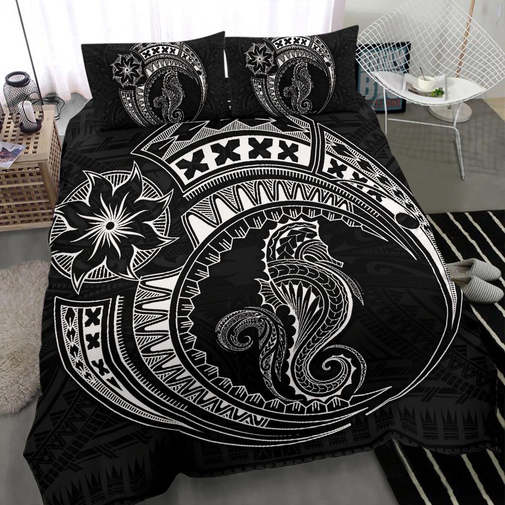 Seahorse Polynesian Duvet Cover Set - Polynesian Tattoo Black