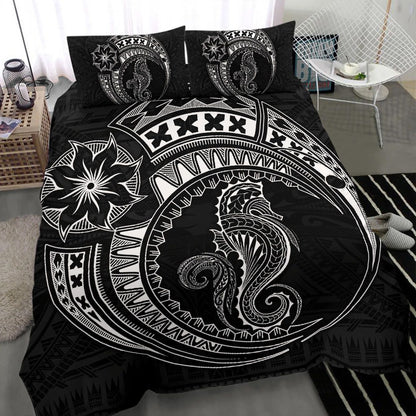 Seahorse Polynesian Duvet Cover Set - Polynesian Tattoo Black