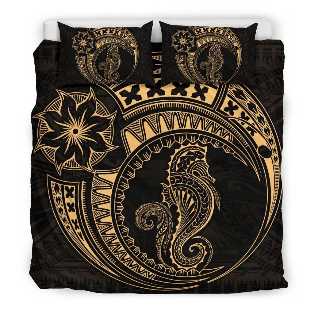 Seahorse Polynesian Duvet Cover Set - Polynesian Tattoo Gold