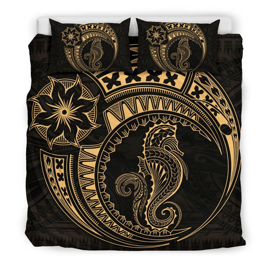 Seahorse Polynesian Duvet Cover Set - Polynesian Tattoo Gold