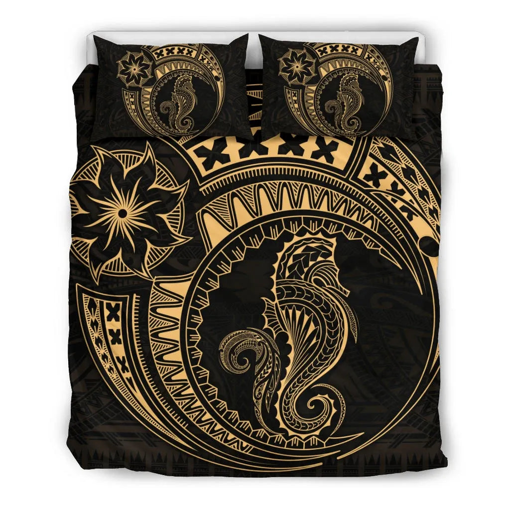 Seahorse Polynesian Duvet Cover Set - Polynesian Tattoo Gold