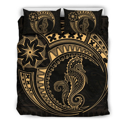 Seahorse Polynesian Duvet Cover Set - Polynesian Tattoo Gold