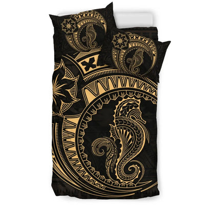 Seahorse Polynesian Duvet Cover Set - Polynesian Tattoo Gold