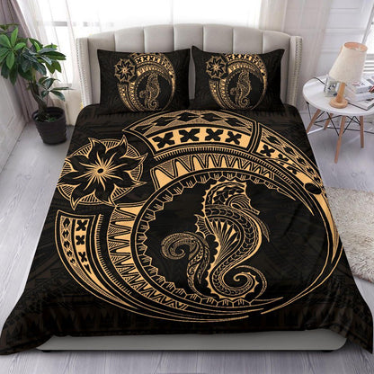 Seahorse Polynesian Duvet Cover Set - Polynesian Tattoo Gold