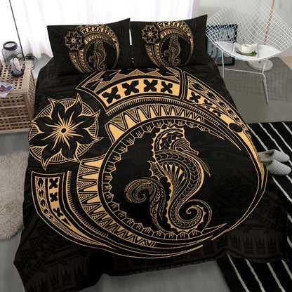 Seahorse Polynesian Duvet Cover Set - Polynesian Tattoo Gold