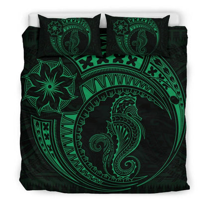 Seahorse Polynesian Duvet Cover Set - Polynesian Tattoo Green