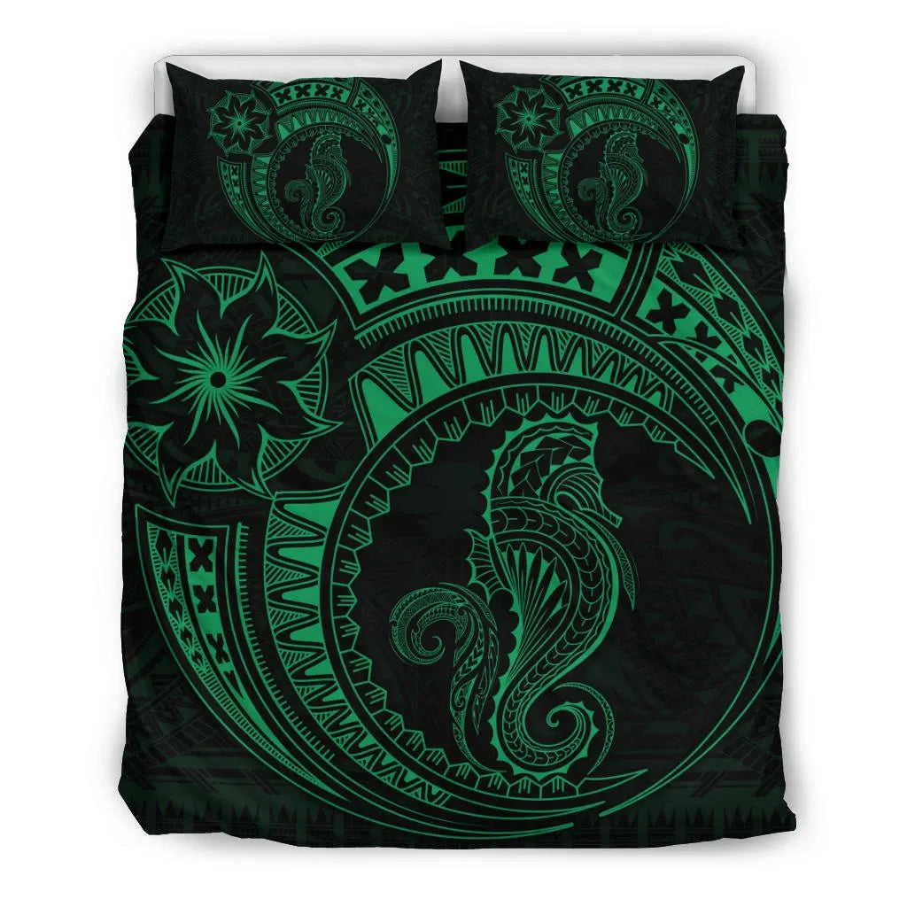 Seahorse Polynesian Duvet Cover Set - Polynesian Tattoo Green
