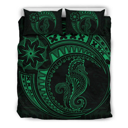 Seahorse Polynesian Duvet Cover Set - Polynesian Tattoo Green