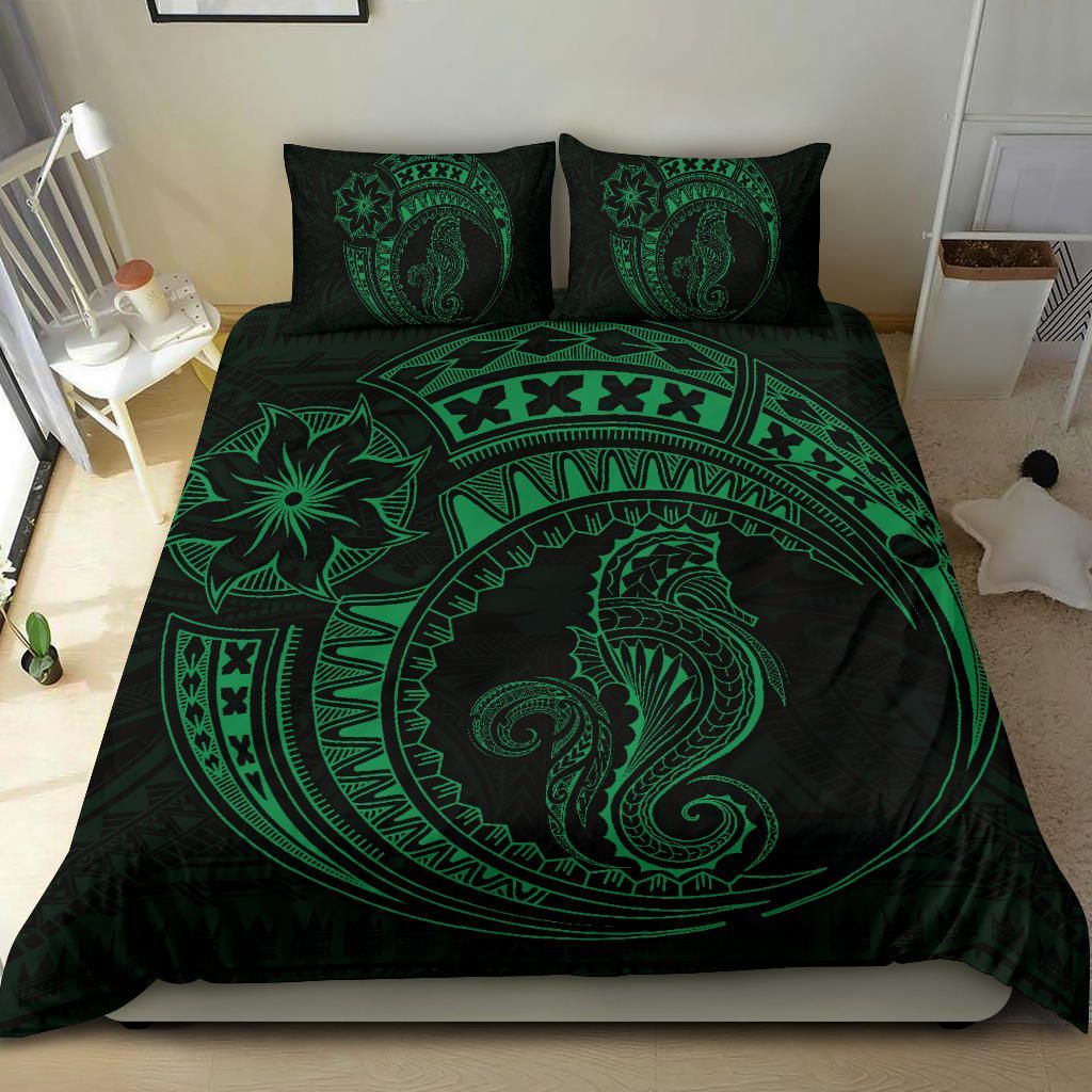 Seahorse Polynesian Duvet Cover Set - Polynesian Tattoo Green