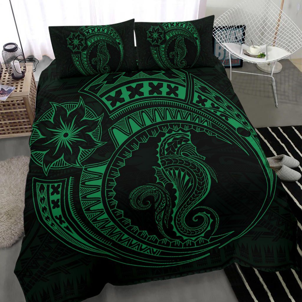 Seahorse Polynesian Duvet Cover Set - Polynesian Tattoo Green