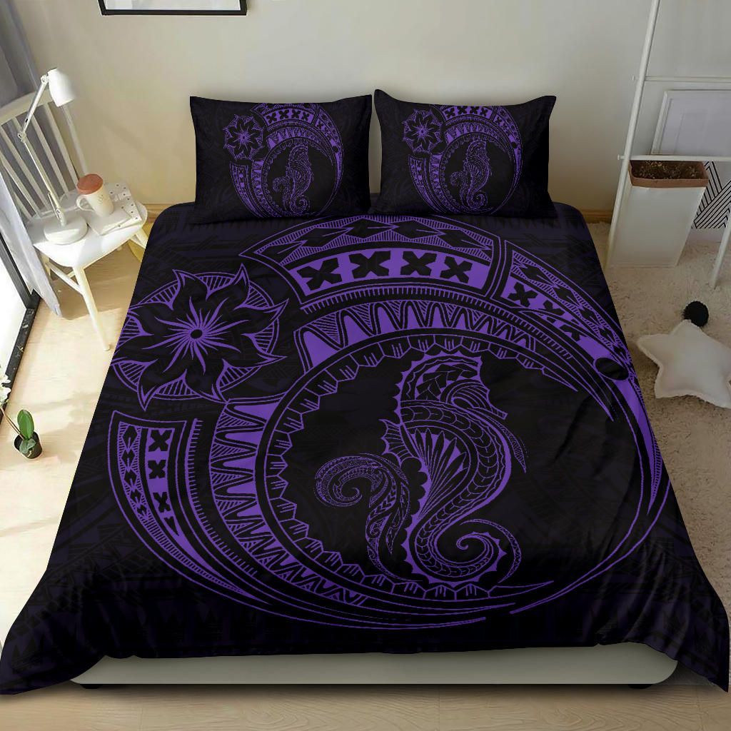 Seahorse Polynesian Duvet Cover Set - Polynesian Tattoo Purple