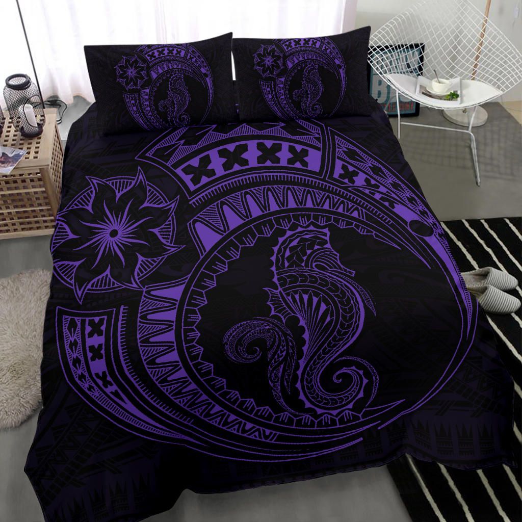 Seahorse Polynesian Duvet Cover Set - Polynesian Tattoo Purple