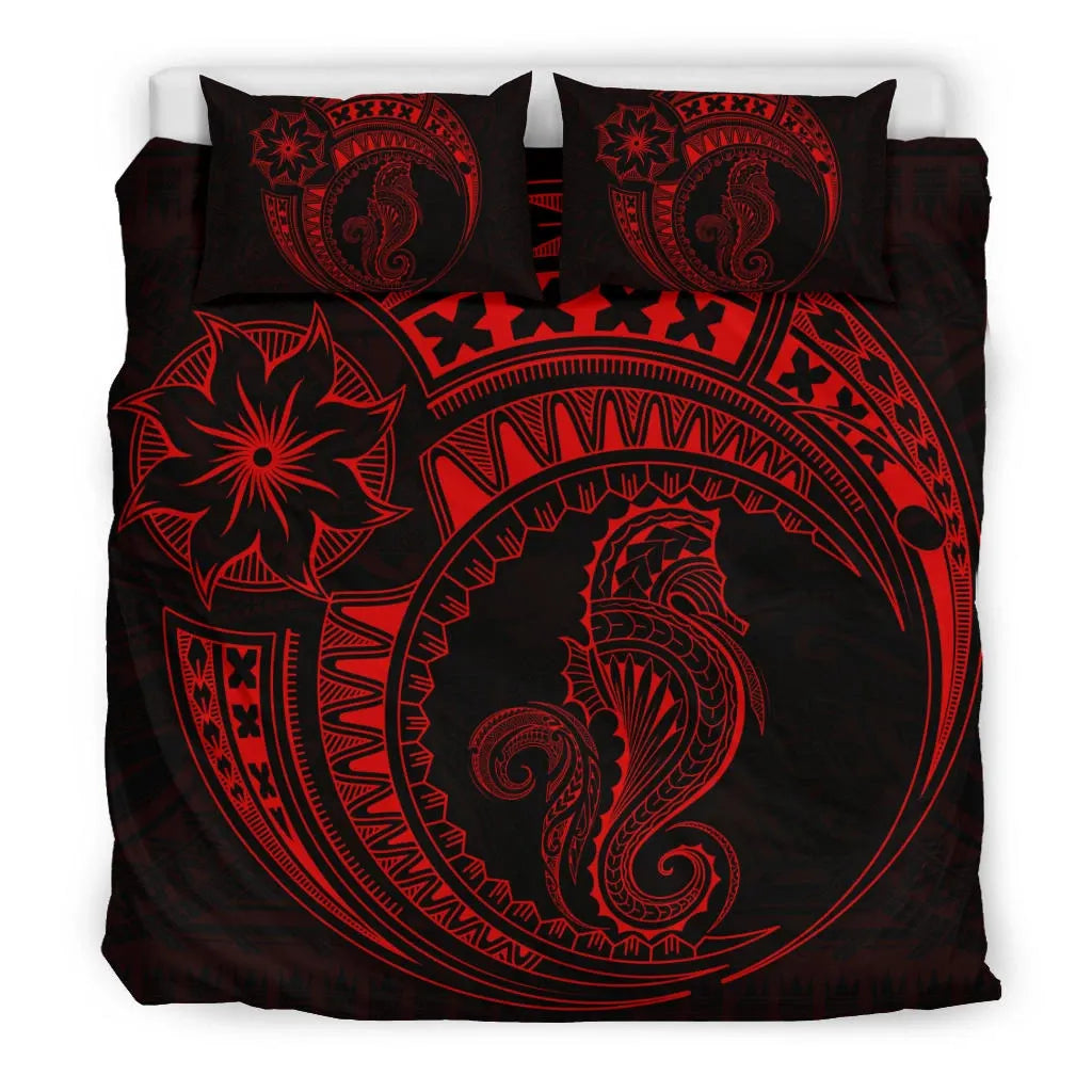 Seahorse Polynesian Duvet Cover Set - Polynesian Tattoo Red
