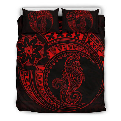 Seahorse Polynesian Duvet Cover Set - Polynesian Tattoo Red