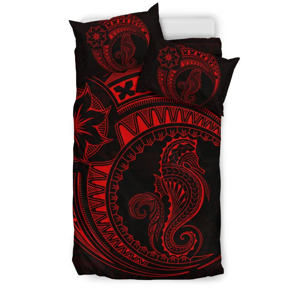 Seahorse Polynesian Duvet Cover Set - Polynesian Tattoo Red