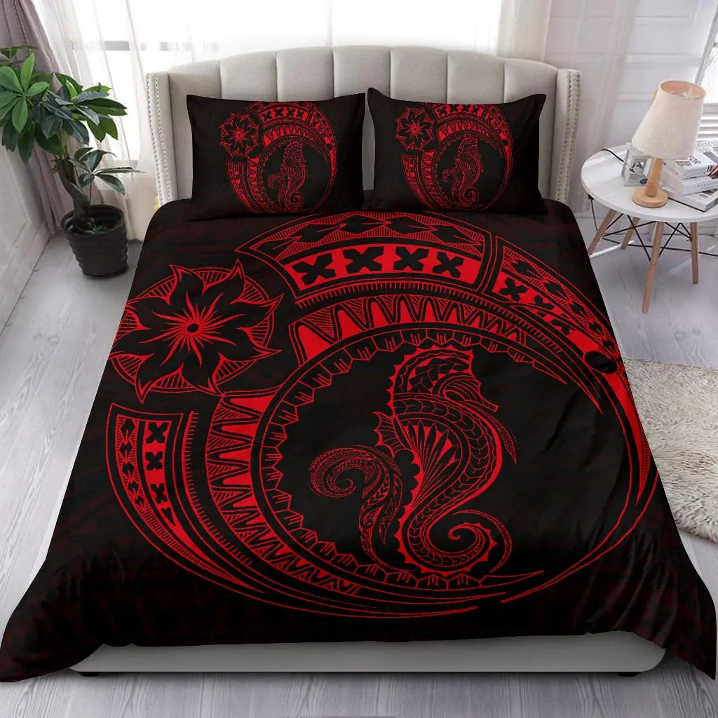 Seahorse Polynesian Duvet Cover Set - Polynesian Tattoo Red