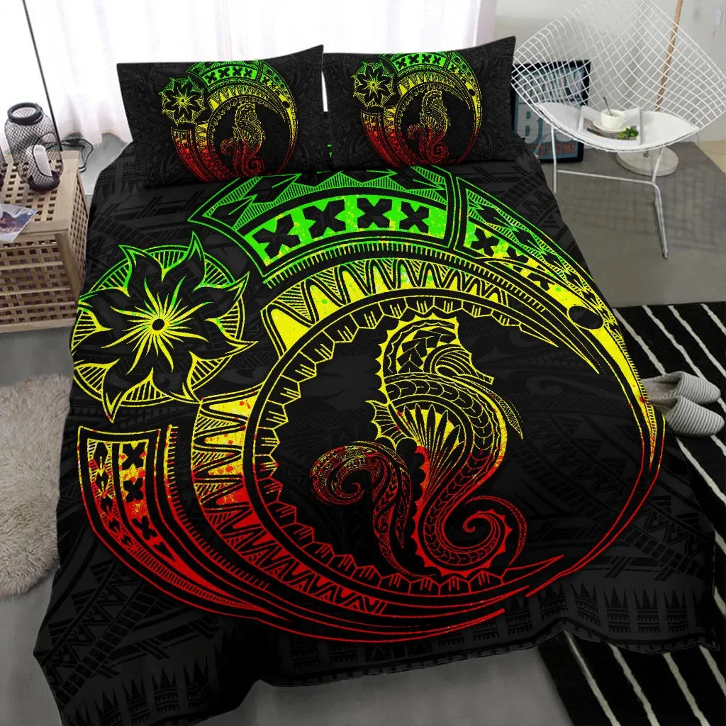 Seahorse Polynesian Duvet Cover Set - Polynesian Tattoo Reggae