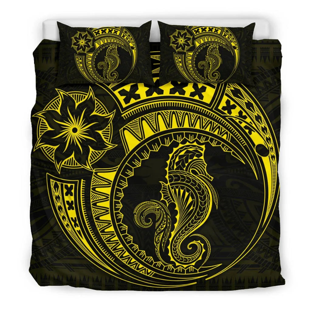 Seahorse Polynesian Duvet Cover Set - Polynesian Tattoo Yellow