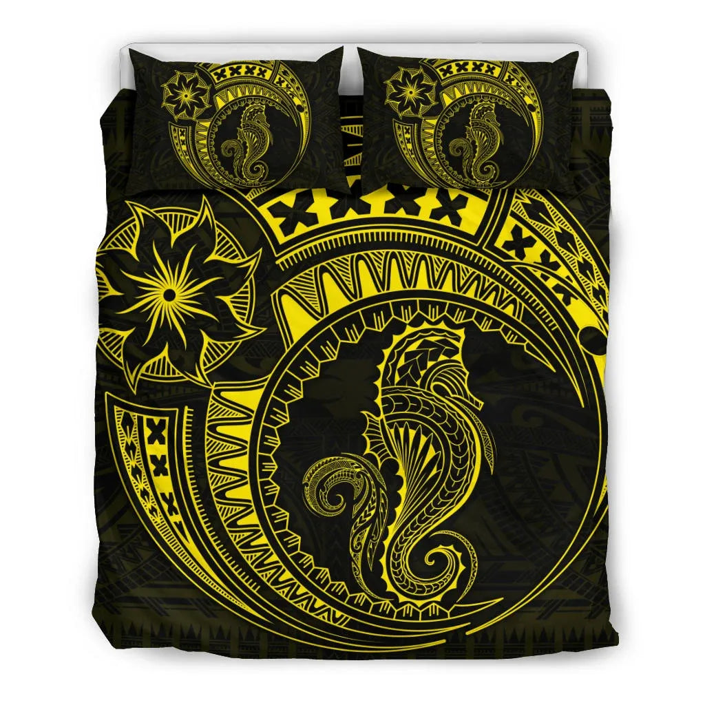 Seahorse Polynesian Duvet Cover Set - Polynesian Tattoo Yellow