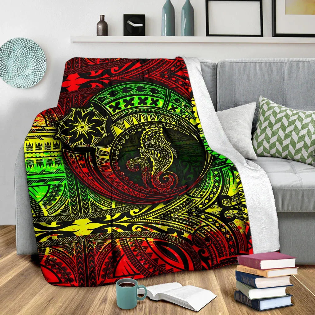 Seahorse Polynesian Premium Blanket -  Polynesian Tattoo Reggae