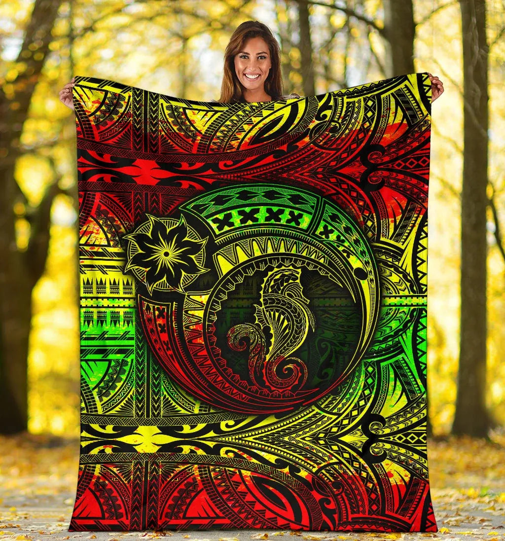 Seahorse Polynesian Premium Blanket -  Polynesian Tattoo Reggae