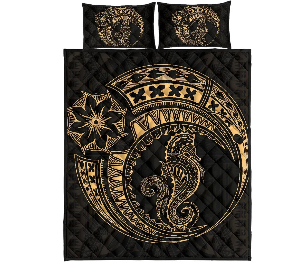 Polynesian Quilt Bed Set - Polynesian Gold Seahorse Tattoo