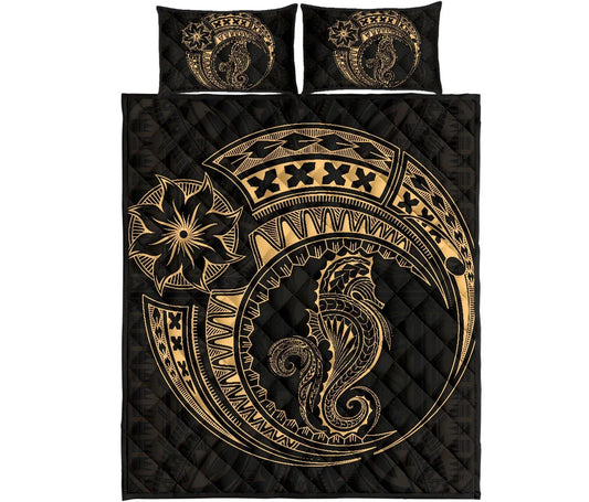 Polynesian Quilt Bed Set - Polynesian Gold Seahorse Tattoo