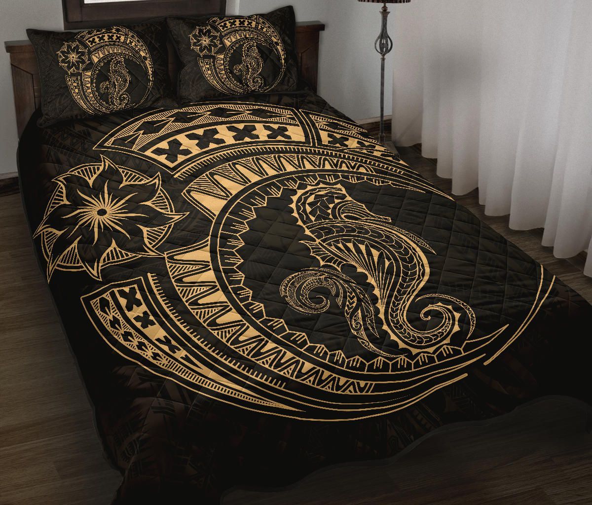 Polynesian Quilt Bed Set - Polynesian Gold Seahorse Tattoo