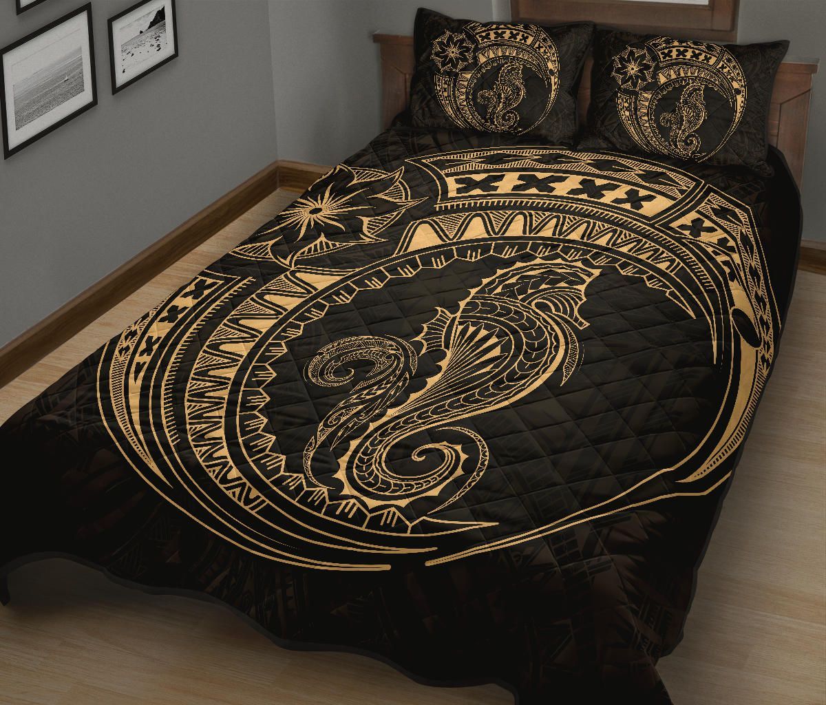 Polynesian Quilt Bed Set - Polynesian Gold Seahorse Tattoo