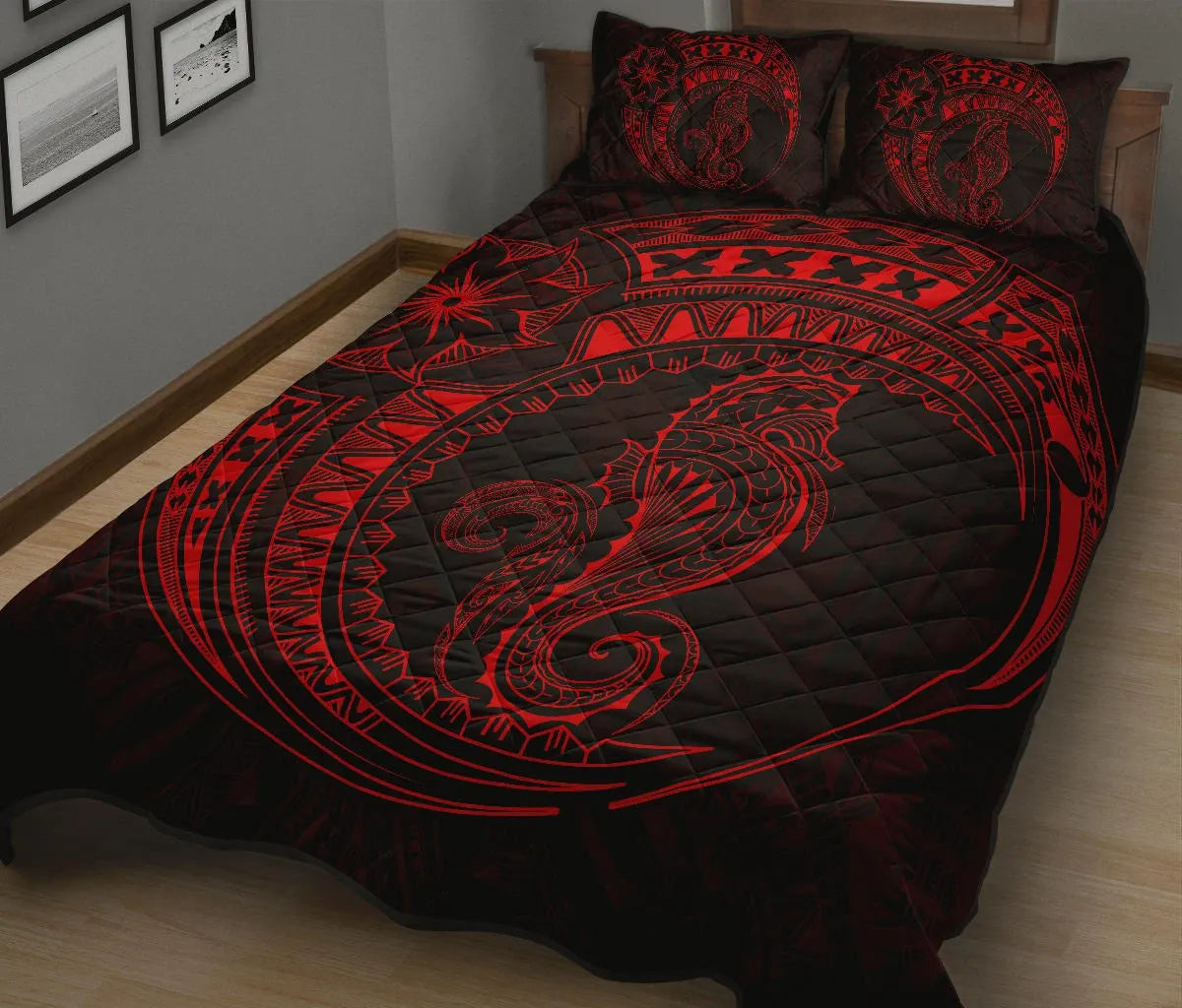 Polynesian Quilt Bed Set - Polynesian Red Seahorse Tattoo