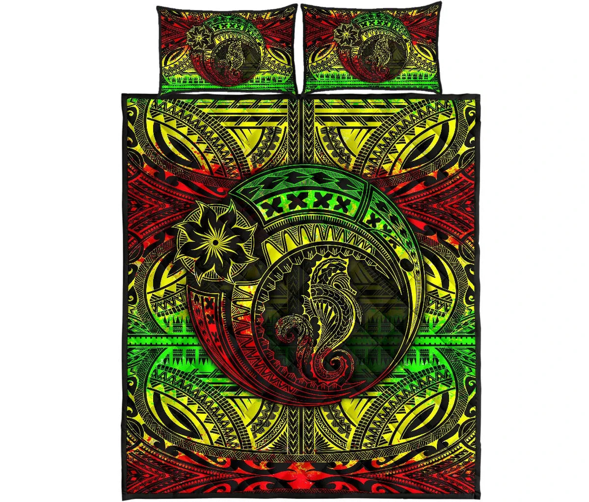 Seahorse Polynesian Quilt Bed Set - Polynesian Tattoo Reggae