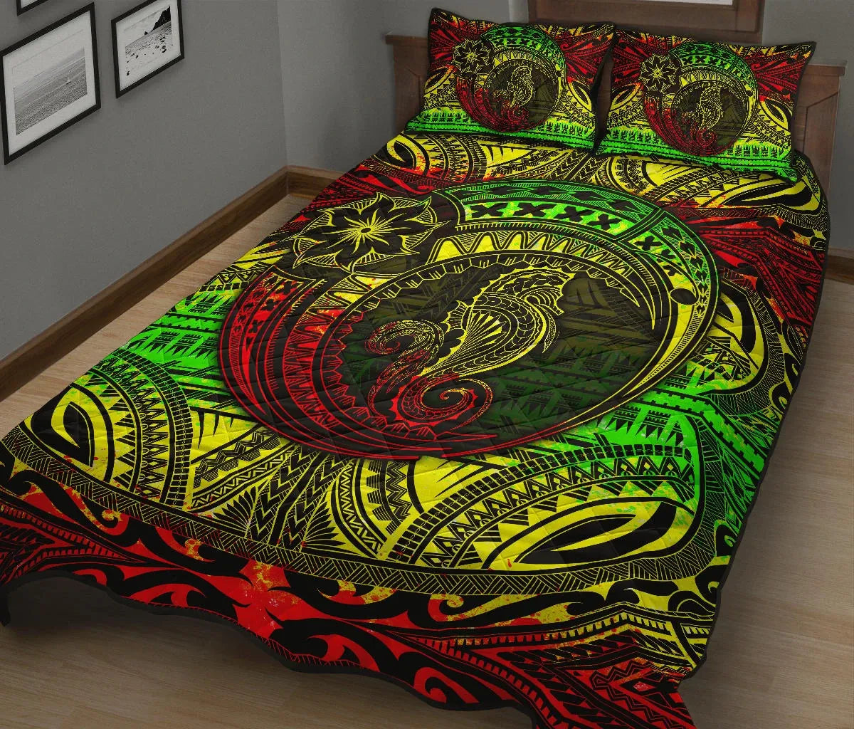Seahorse Polynesian Quilt Bed Set - Polynesian Tattoo Reggae