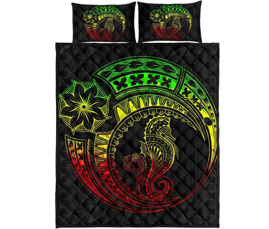 Polynesian Quilt Bed Set - Polynesian Reggae Seahorse Tattoo