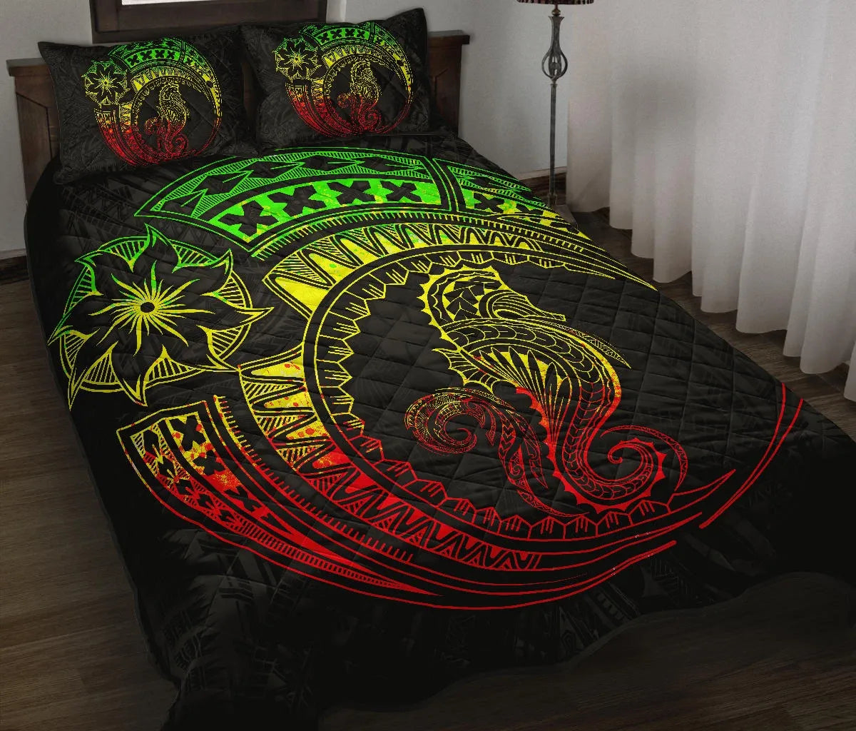 Polynesian Quilt Bed Set - Polynesian Reggae Seahorse Tattoo