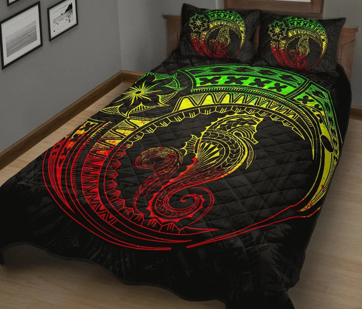 Polynesian Quilt Bed Set - Polynesian Reggae Seahorse Tattoo