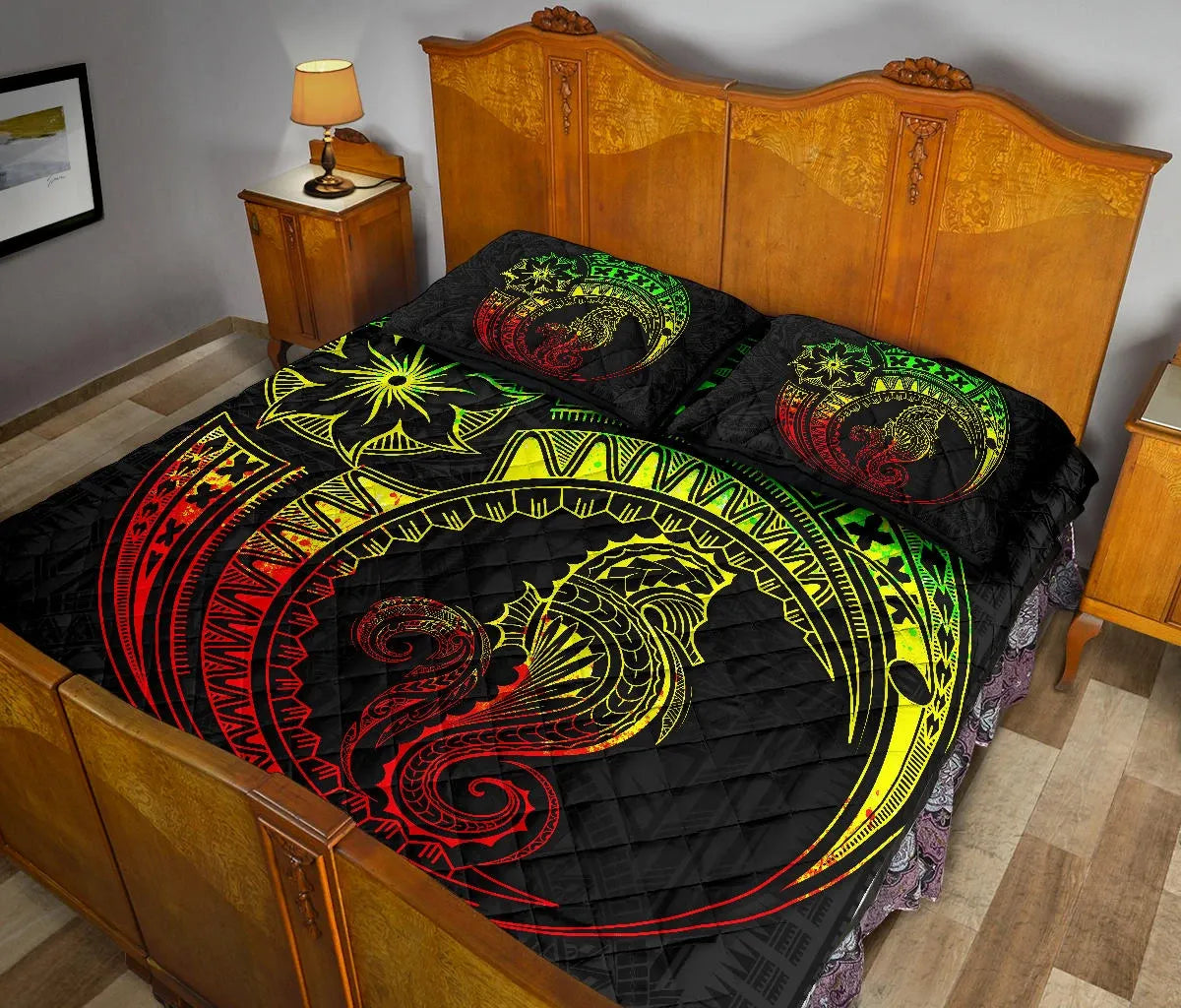 Polynesian Quilt Bed Set - Polynesian Reggae Seahorse Tattoo