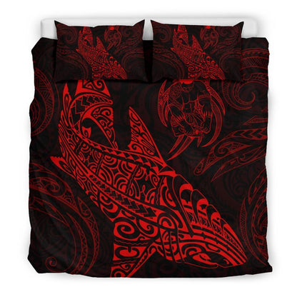 Shark Polynesian Duvet Cover Set - Polynesian Tattoo Red